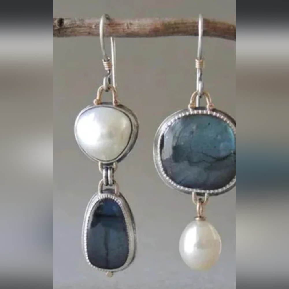 Vintage Inspired Asymmetrical Blue Agate & Pearl Drop Earrings Artisan Dangle